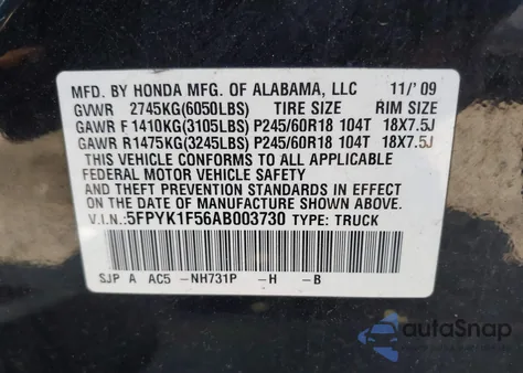 2010 Honda Ridgeline Rtl from USA, damaged, VIN 5FPYK1F56AB003730